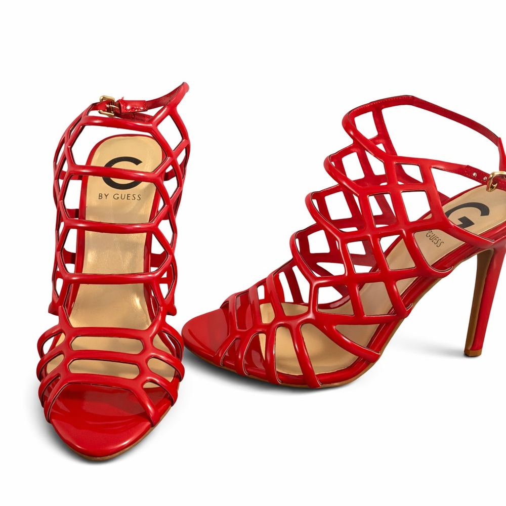 NEW GUESS Red Cage Statement Strappy Heels